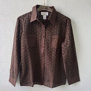 Susan Graver‎ Style Brown Eyelet Long Sleeve Button Up Blouse Size S 100% Cotton